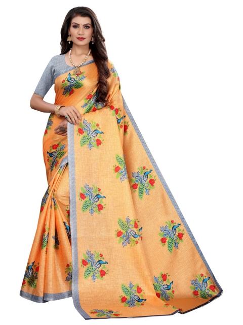 

KALINI Orange & Grey Ethnic Motifs Printed Silk Blend Saree