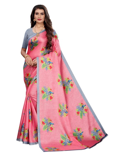 

KALINI Pink & Grey Ethnic Motifs Printed Silk Blend Saree