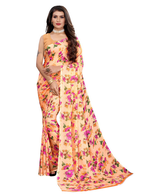 

KALINI Peach-Coloured & Pink Floral Printed Saree