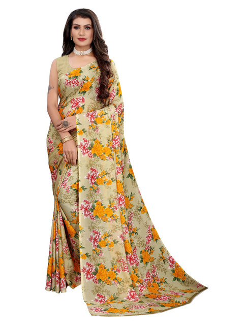 

KALINI Beige & Yellow Floral Printed Saree
