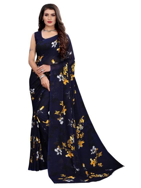 

KALINI Navy Blue & Yellow Floral Printed Saree