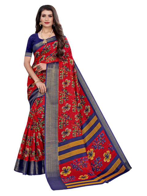 

KALINI Red & Navy Blue Floral Printed Saree