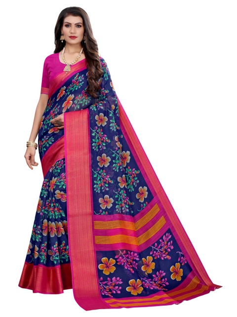 

KALINI Navy Blue & Pink Floral Printed Saree