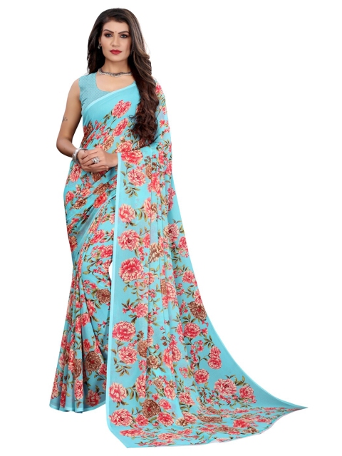 

KALINI Turquoise Blue & Pink Floral Printed Saree