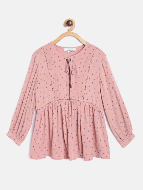 

UTH by Roadster Girls Peach-Coloured & Navy Blue Abstract Printed A-Line Top
