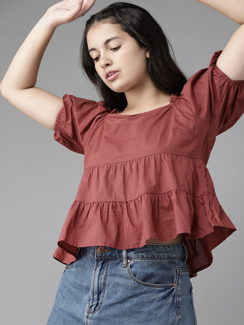 

UTH by Roadster Girls Rust Brown Solid Cotton Tiered A-Line Top