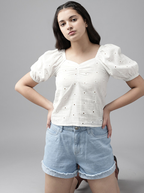 

UTH by Roadster Girls White Pure Cotton Schiffli Embroidered Regular Top