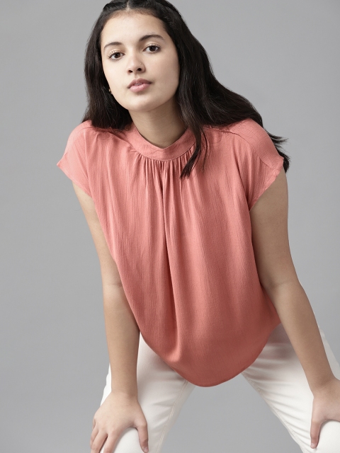 

UTH by Roadster Girls Peach-Coloured Solid Extended Sleeves Boxy Top