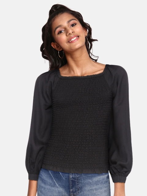 

UTH by Roadster Girls Black Solid Off-Shoulder Smocked Fitted Top