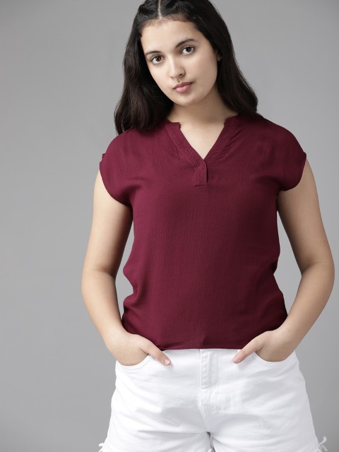 

UTH by Roadster Girls Burgundy Cotton Mandarin Collar Extended Sleeves Regular Top