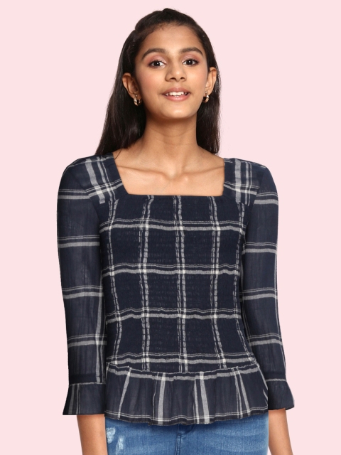 

UTH by Roadster Girls Navy Blue & White Cotton Checked Smocked Peplum Top