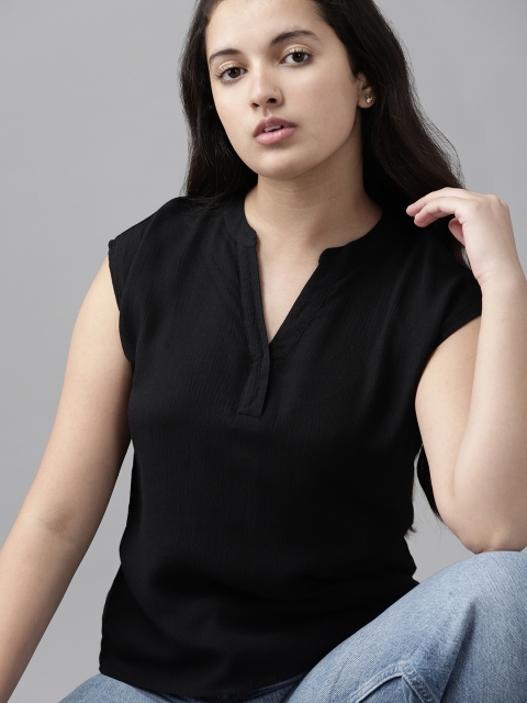 

UTH by Roadster Girls Black Solid Mandarin Collar Regular Top
