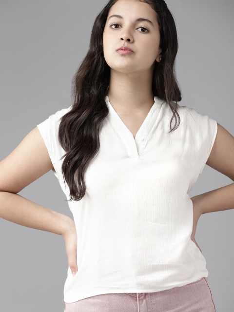 

UTH by Roadster Girls Off-White Self-Design Mandarin Collar Regular Top