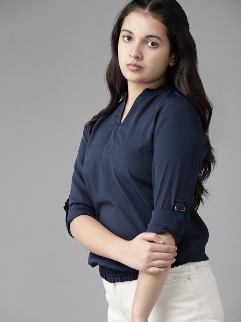 

UTH by Roadster Girls Navy Blue Solid Mandarin Collar Roll-Up Sleeves Blouson Top