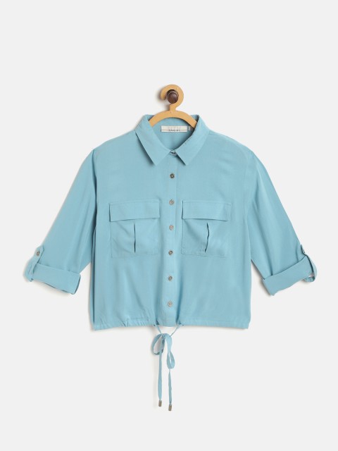 

UTH by Roadster Girls Blue Solid Casual Shirt with Tie-Up Detail