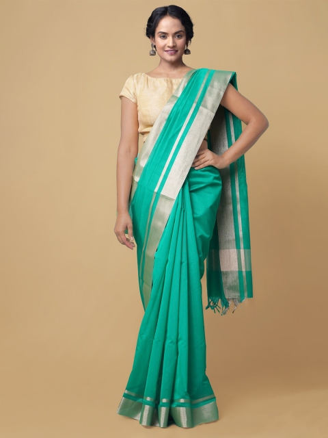 

Unnati Silks Sea Green & Silver-Toned Zari Silk Cotton Baluchari Saree