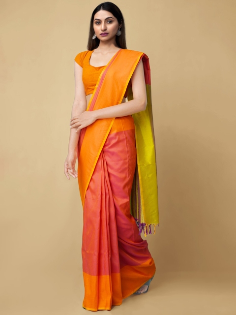 

Unnati Silks Orange & Green Silk Cotton Pure Handloom Sustainable Kanjeevaram Saree