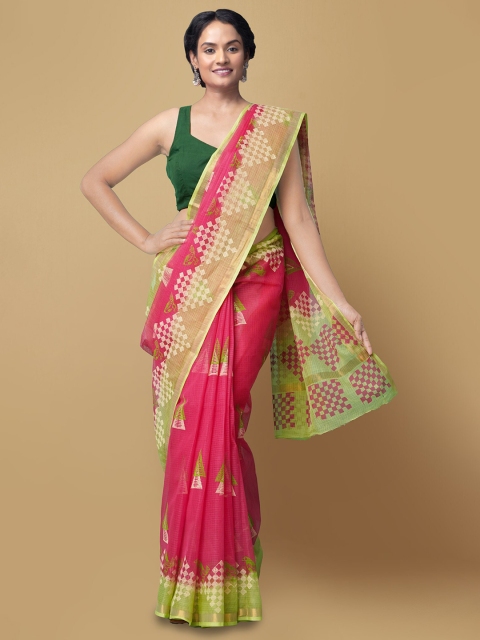 

Unnati Silks Pink & Green Pure Cotton Hand Block Sustainable Kota Saree