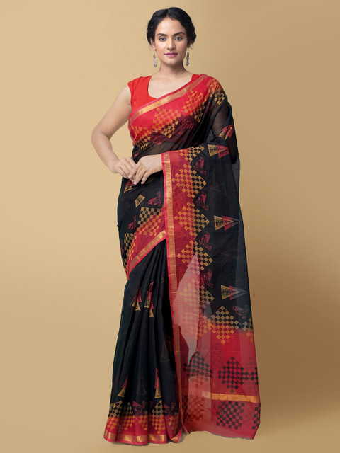 

Unnati Silks Black & Red Zari Pure Cotton Hand Block Printed Sustainable Kota Saree
