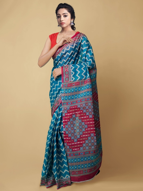 

Unnati Silks Teal Blue & Pink Pure Krisha Summer Cotton Handloom Sustainable Kovai Saree