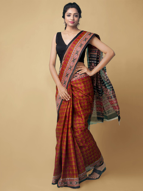 

Unnati Silks Red & Black Pure Krisha Summer Cotton Handloom Sustainable Kovai Saree