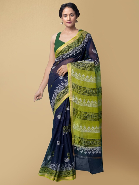 

Unnati Silks Navy Blue & Green Ethnic Motifs Zari Pure Cotton Sustainable Kota Saree