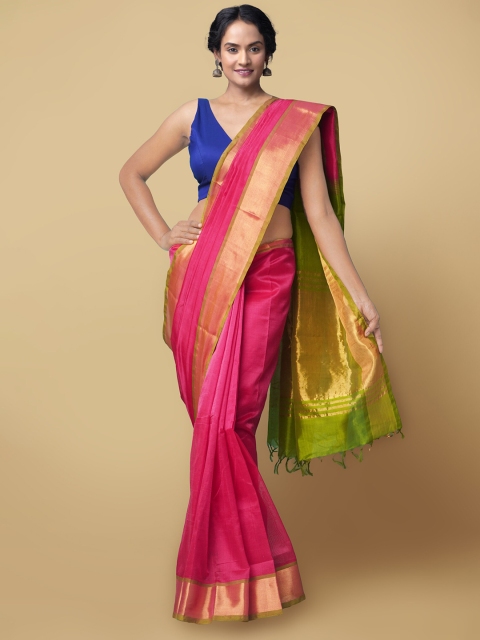 

Unnati Silks Pink & Green Zari Silk Cotton Handloom Sustainable Kanjeevaram Saree