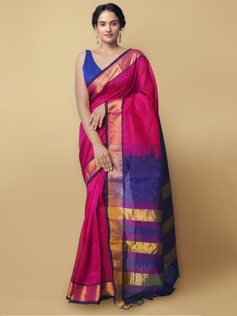 

Unnati Silks Pink & Blue Zari Silk Cotton Handloom Sustainable Kanjeevaram Saree