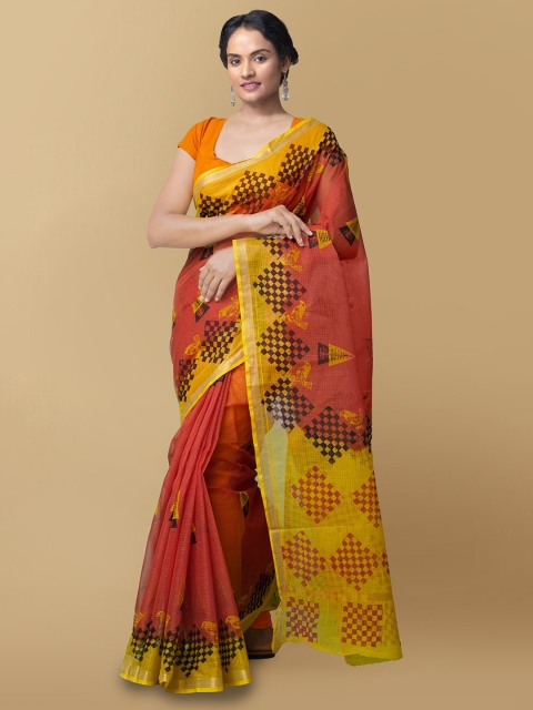 

Unnati Silks Red & Yellow Pure Cotton Handloom Sustainable Kota Saree