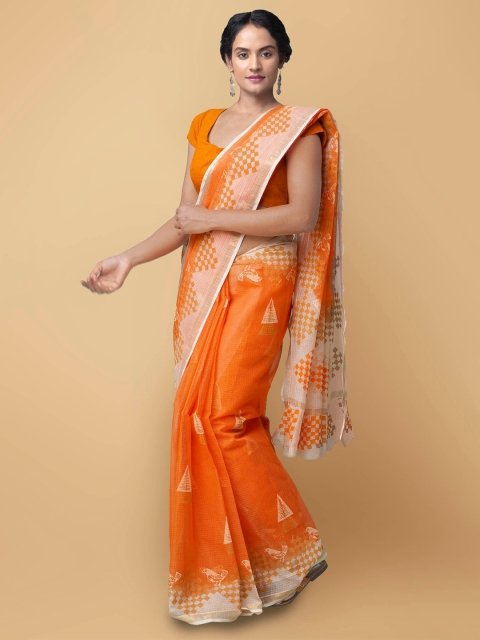 

Unnati Silks Orange & White Pure Cotton Handloom Sustainable Kota Saree