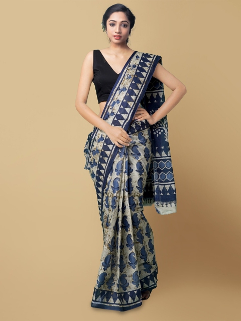 

Unnati Silks Cream-Coloured & Blue Paisley Pure Cotton Handloom Sustainable Kovai Saree