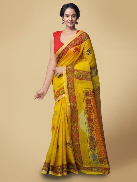 

Unnati Silks Yellow & Red Floral Zari Pure Cotton Handloom Sustainable Kota Saree