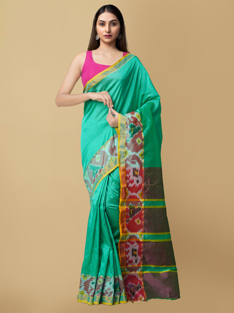 

Unnati Silks Sea Green & Yellow Silk Cotton Handloom Sustainable Mangalagiri Saree
