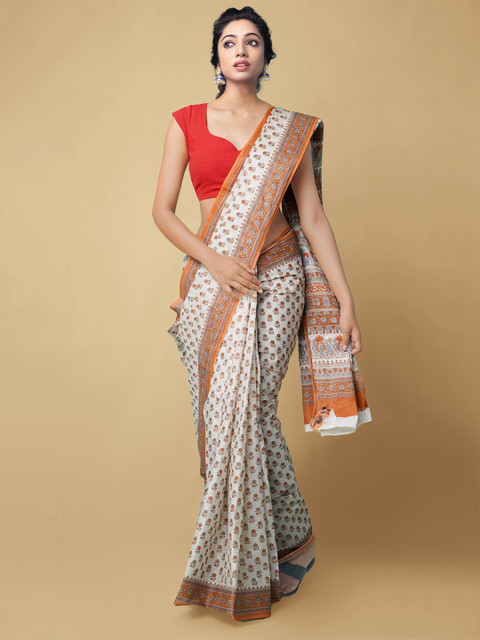 

Unnati Silks Cream-Coloured & Red Floral Pure Cotton Handloom Sustainable Kovai Saree