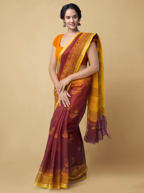 

Unnati Silks Burgundy & Yellow Ethnic Motifs Pure Cotton Handloom Sustainable Kota Saree