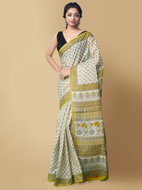 

Unnati Silks Off White & Green Floral Pure Cotton Handloom Sustainable Kovai Saree