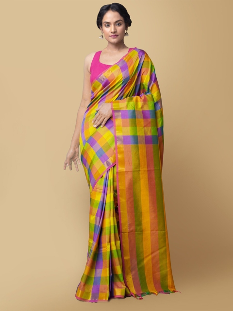 

Unnati Silks Yellow & Green Checked Silk Cotton Handloom Sustainable Kanjeevaram Saree