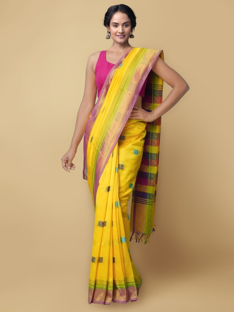 

Unnati Silks Yellow & Fuchsia Pink Ethnic Motifs Pure Handloom Sustainable Chettinad Saree