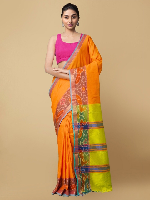 

Unnati Silks Orange & Green Silk Cotton Pure Handloom Sustainable Ikat Mangalagiri Saree