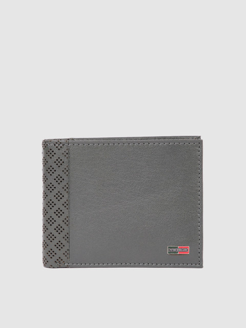 

Peter England Men Grey Geometric Self Design Cut Work Leather Two Fold Wallet
