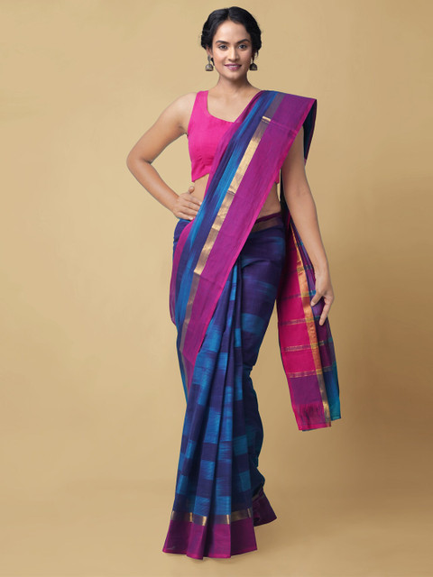 

Unnati Silks Blue & Purple Ikat Woven Design Zari Cotton Handloom Mangalagiri Saree