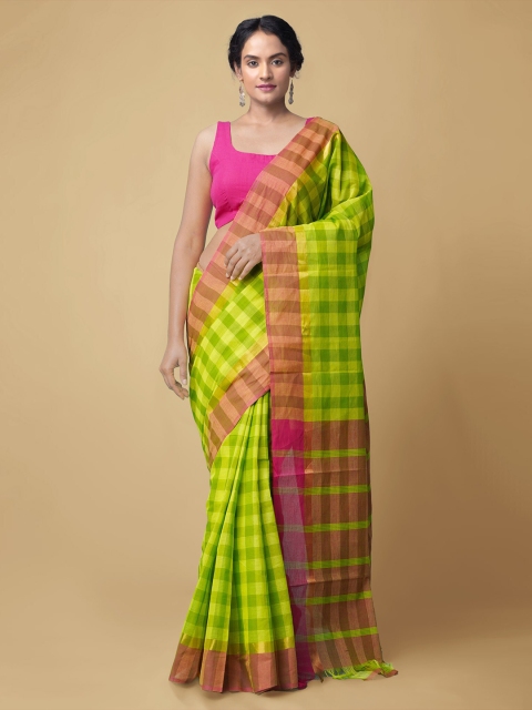 

Unnati Silks Green & Peach-Coloured Checked Pure Cotton Handloom Mangalagiri Saree