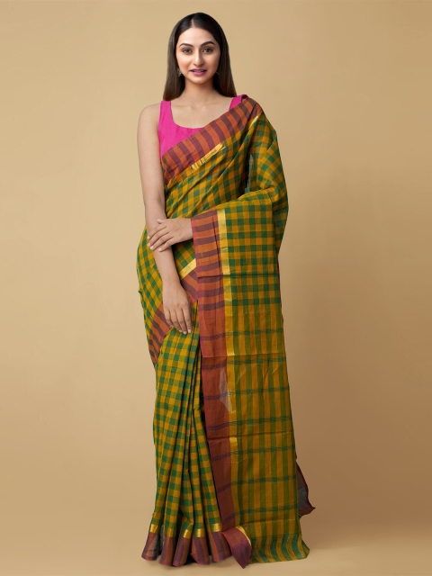 

Unnati Silks Mustard Yellow & Olive Green Checked Zari Cotton Handloom Mangalagiri Saree