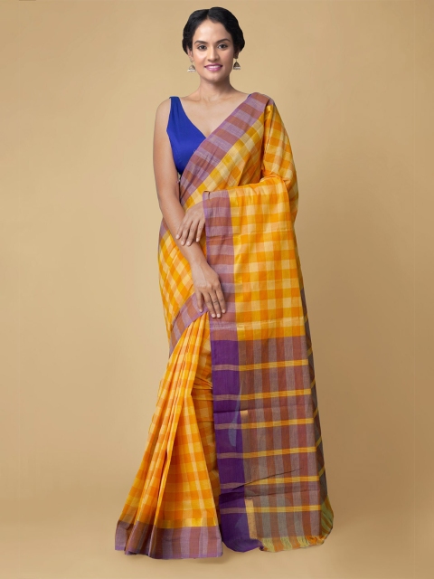 

Unnati Silks Orange & Yellow Checked Pure Cotton Handloom Mangalagiri Saree