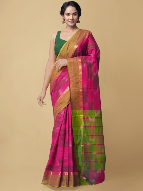 

Unnati Silks Pink & Green Ikat Woven Design Cotton Handloom Mangalagiri Saree