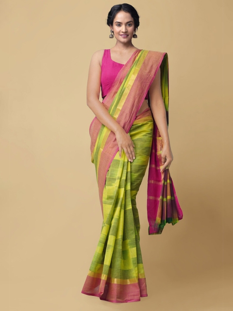 

Unnati Silks Green & Pink Ikat Woven Design Cotton Handloom Mangalagiri Saree