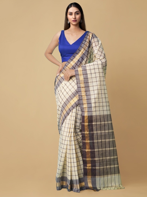 

Unnati Silks Cream-Coloured & Grey Checked Pure Cotton Handloom Mangalagiri Saree