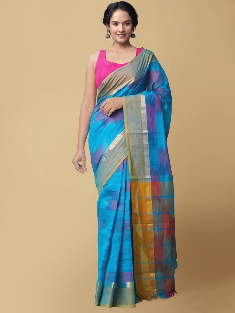 

Unnati Silks Blue & Gold Ikat Woven Design Zari Cotton Handloom Mangalagiri Saree
