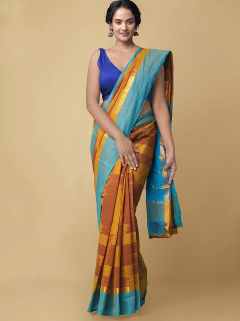 

Unnati Silks Camel Brown & Mustard Yellow Ikat Cotton Handloom Mangalagiri Saree