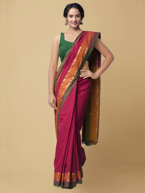 

Unnati Silks Maroon & Orange Solid Cotton Handloom Mangalagiri Saree